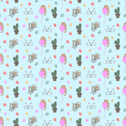Cat doodles seamless pattern, astronaut vector