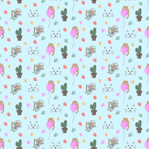 Cat doodles seamless pattern, astronaut vector