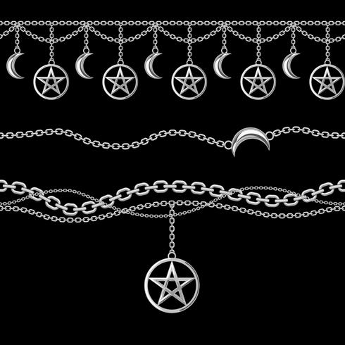 Set collection of silver metallic chain borders with pentagram and moon pendant. On black. Vector illustration