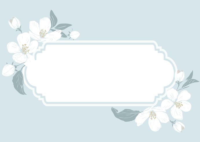 Cherry blossom card template with text. Floral frame on pastel blue background. White flowers. Vector illustration
