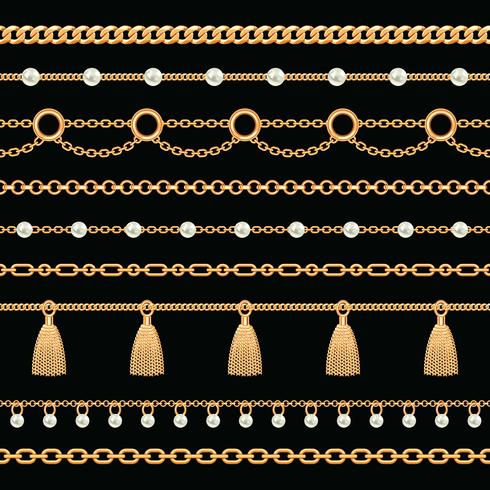 Set collection of golden metallic chain borders with pearls and tassels. On black. Vector illustration