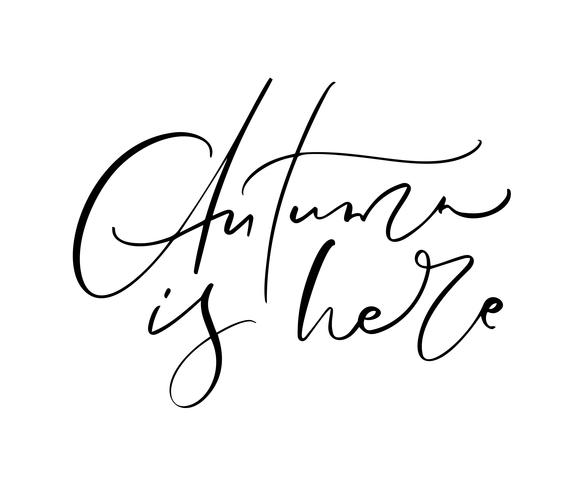 Autumn is here lettering calligraphy text isolated on white background. Hand drawn vector illustration. Black and white poster design elements