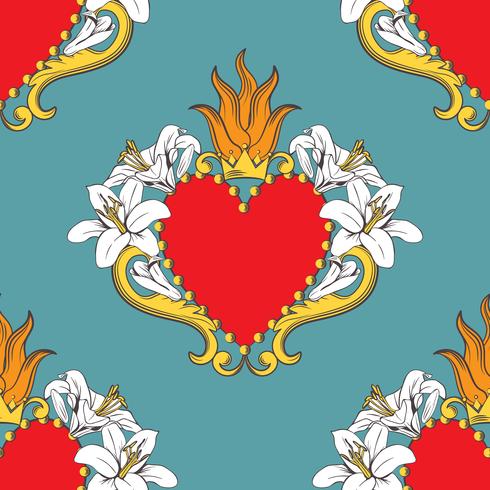 Seamless damask pattern with beautiful ornamental red hearts with lilies, flame, crown. Vector illustration