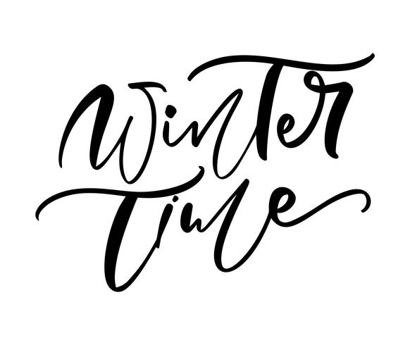 Texto manuscrito blanco y negro de las letras de invierno. Frase de vacaciones de ilustración de vector de caligrafía de inscripción, banner de tipografía con pincel script