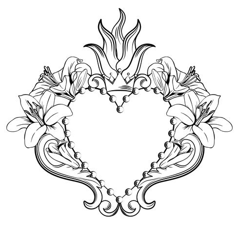 Sacred heart of Jesus. Beautiful ornamental heart with lilies, crown in black color isolated on white background. Vector illustration