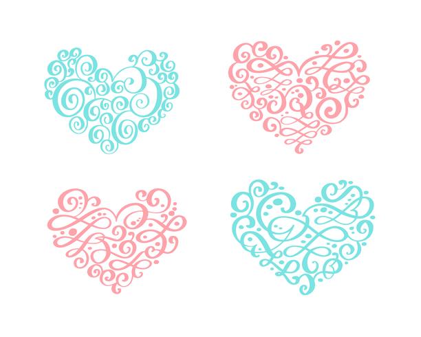 Conjunto de corazones para decorar tarjetas, invitaciones para vacaciones,  día de san valentín, boda, cada corazón es diferente en forma, color y  textura. ilustración vectorial gráficos aislados