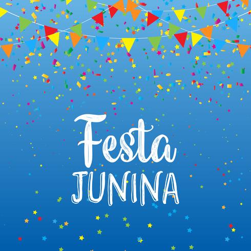 Fondo de Festa Junina con pancartas y confeti. vector