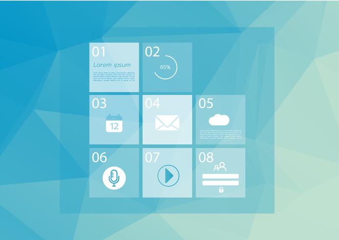 Website template with basic menu. Line art icons. Low poly blue vector background. Graphic user interface symbols. Eps10 vector illustration.