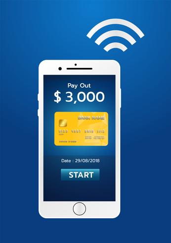 Concepto de pago móvil, Smartphone con procesamiento de pagos móviles desde tarjeta de crédito. Ilustración vectorial vector