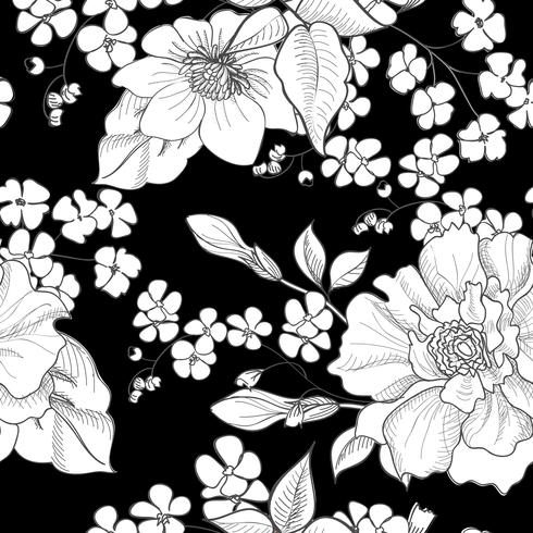 Floral engraved seamless pattern. Flower garden background vector