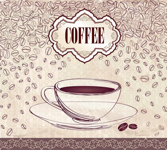 Coffee hot drink. Cafe card background. Coffee beans retro pattern. vector