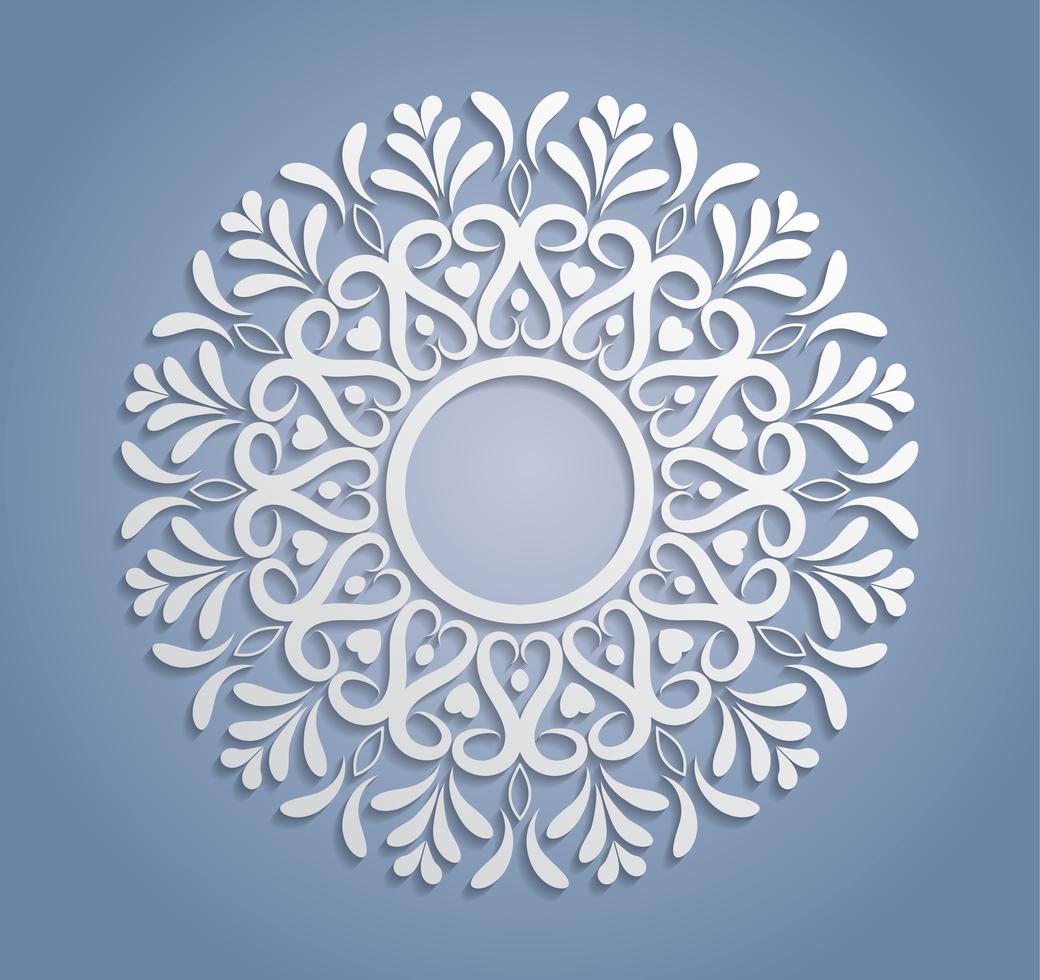 Vector white lace decoration, round lacy doily, cutout paper circle