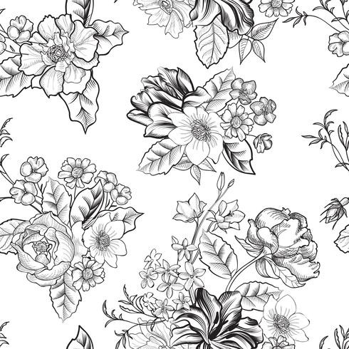 Floral engraved seamless pattern. Flower garden background vector