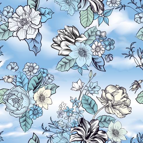 Floral seamless background. Flower pattern over blue sky. vector