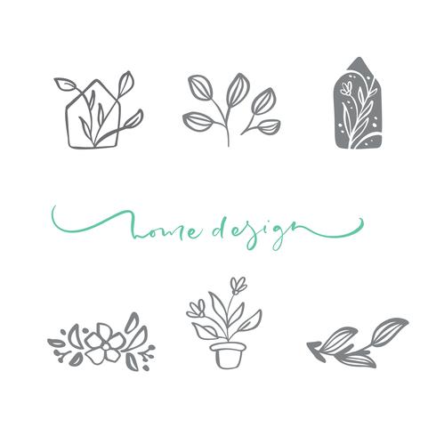 Set of vector scandinavian floral Logo. Hand drawn icon flower organic cosmetic, florist wedding, home decor. Home Design text