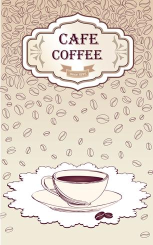 Coffee hot drink. Cafe card background. Coffee beans retro pattern. vector