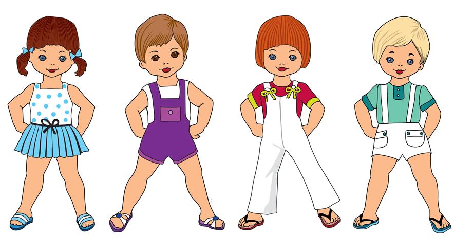 Juego para niños Dibujos animados para niños felices, vestido de verano Juego para bebés Niños caminando vector