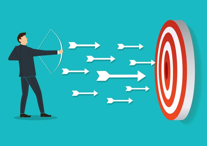 successful businessman aiming target with bow and arrow  vector