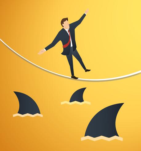 Ilustración de un hombre de negocios caminando sobre una cuerda con tiburones debajo de la posibilidad de riesgo empresarial vector