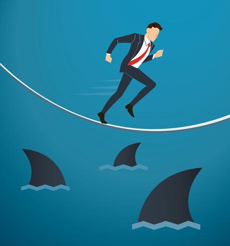 illustration of a running businessman on rope with sharks underneath business risk chance vector