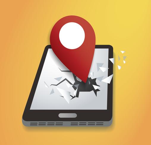 pin icon on broken smartphone vector