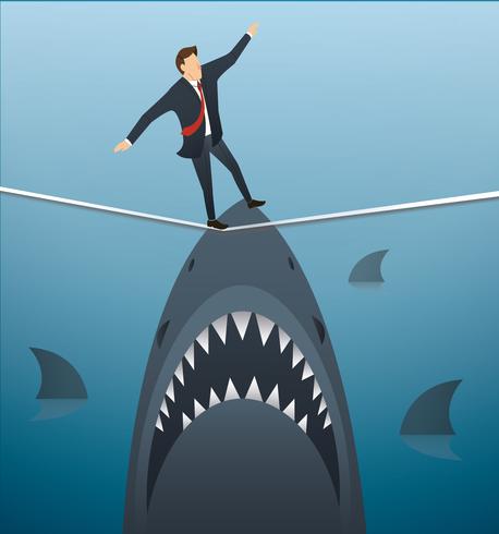 Ilustración de un hombre de negocios caminando sobre una cuerda con tiburones debajo de la posibilidad de riesgo empresarial vector