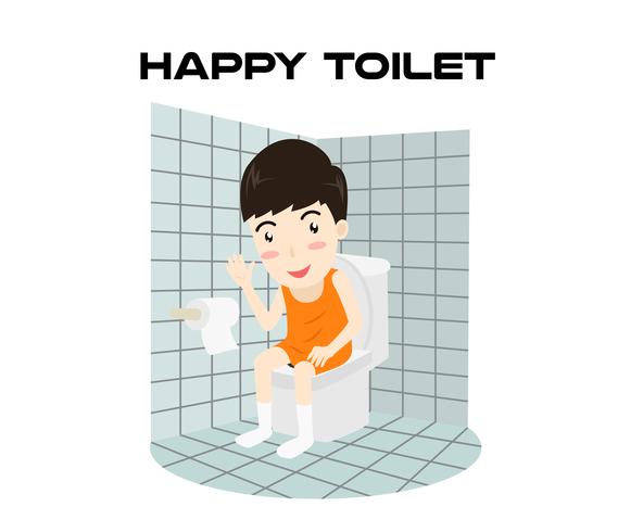 Cartoon happy man sitting on a toilet and smiling isolated on white background - Vector illustration 