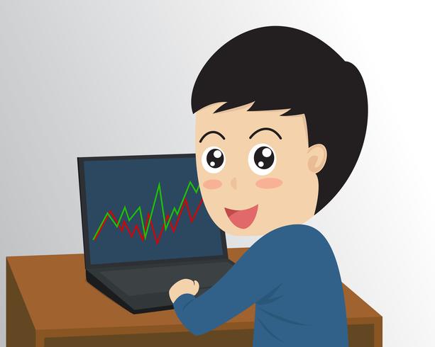 Vector illustration happy businessman trader with computer stock market graph diagram  - Concept business 