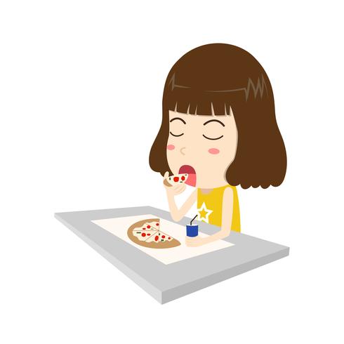 Vector illustration of happy young woman eating pizza on table isolated white background