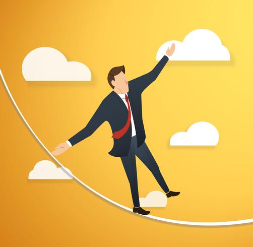 concept of businessman or man in crisis walking in balance on rope over sky background  vector