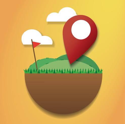 Location icon on the green field and red flag. reach to destination. travel symbol vector