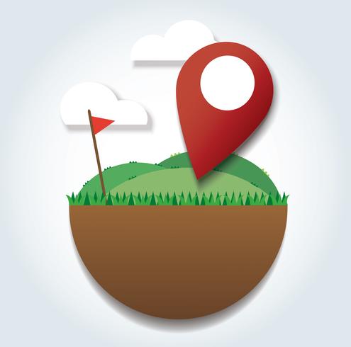 Icono de ubicación en el campo verde y bandera roja. llegar a destino. símbolo de viaje vector