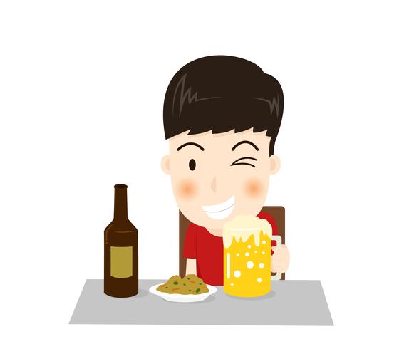 Un personaje feliz de dibujos animados bebe cerveza con un plato aislado sobre fondo blanco - ilustración vectorial vector