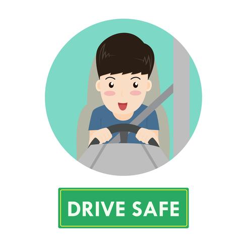 Hombre feliz de dibujos animados conducir coche con seguridad concepto - ilustración vectorial vector