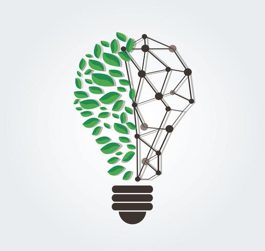 green leafs in light bulb shape and technology line vector , nature eco concept , World Environment Day