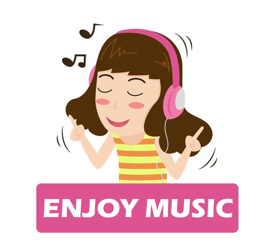 Illustration vector of cartoon girl listening music on headphones - enjoying life.