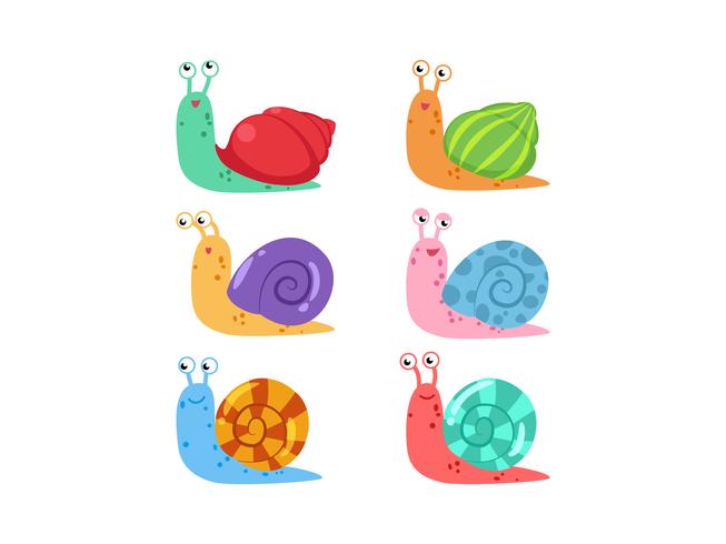 Cute cartoon snail vector set with different shells on white background