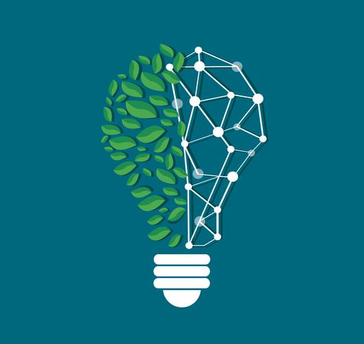 green leafs in light bulb shape and technology line vector , nature eco concept , World Environment Day