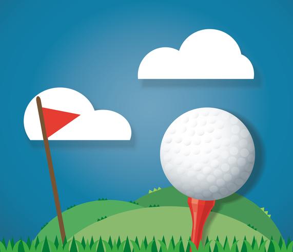 Pelota de golf en vector de fondo tierra y bandera roja