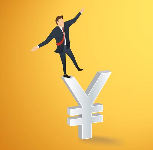 Empresario o hombre caminando en equilibrio en vector de icono de dólar Yen