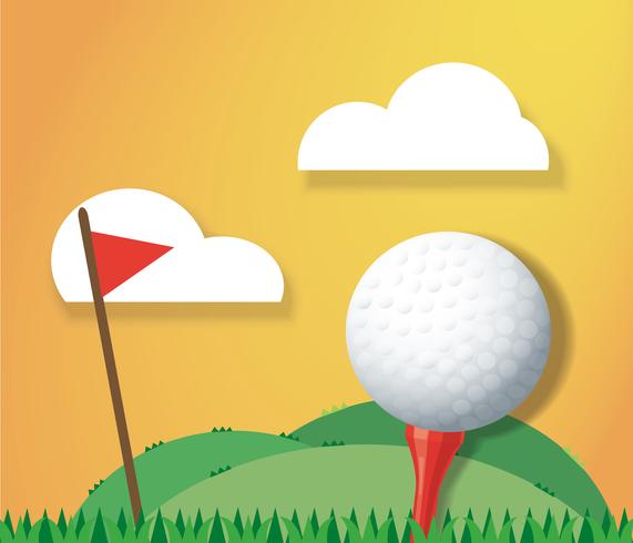 Golf ball on ground and red flag background vector