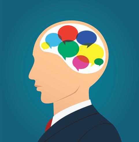 Hombre de negocios con el icono de la caja de chat de colores en vector de cabeza