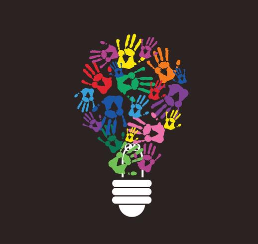 colorful handprint in lightbulb shape , symbol of thinking concept vector