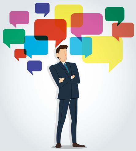 Successful businessman standing crossed arms with chat box background vector