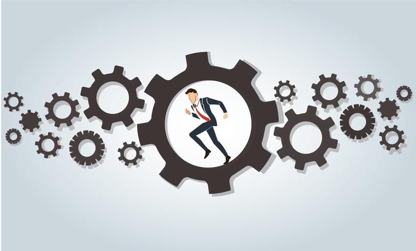 Businessman running in wheel gear background vector