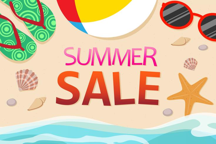Top view of summer sale banner template decoration with objects on beach vector