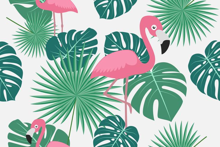 Seamless pattern of tropical green palm jungle and monstera leaves with flamingo on white background. vector