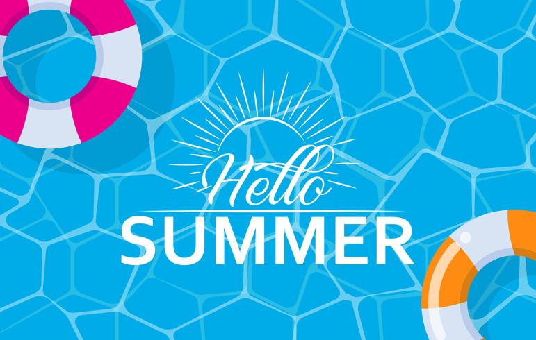 Hello summer web banner with swim ring on pool surface background   vector