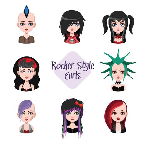 Collection of women avatars with rocker style vector