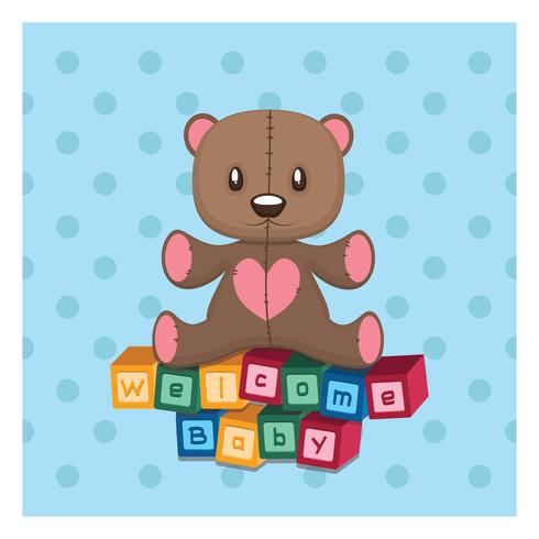 Welcome baby greeting with teddy and building blocks vector